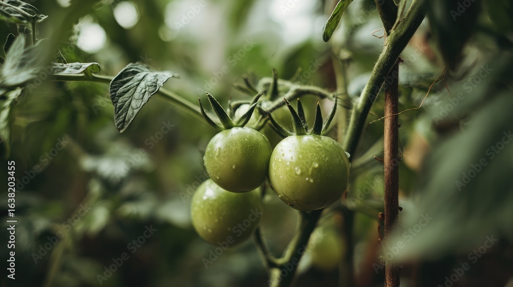 Fototapeta premium Green tomatoes beginning to ripen on tall vine with leaves and stems in full focus