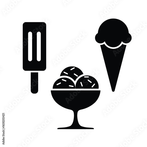 Minimalist black silhouette icons of ice cream on a white background, ideal for ice cream shop menus, ice cream labels, restaurants, apps, packaging design, or web design