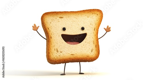 3D render of a smiling cartoon toast character with arms and legs.