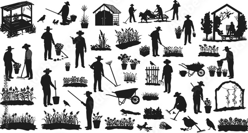 Gardener silhouettes working in garden, planting flowers, using tools, wheelbarrow, raking leaves, black and white vector, farming, outdoor plant care design