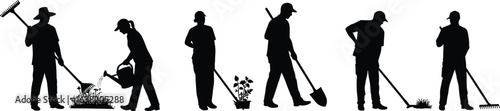 Gardening silhouettes, people with tools, planting, watering, digging, raking, garden work, horticulture activities, black and white vector, outdoor landscaping design