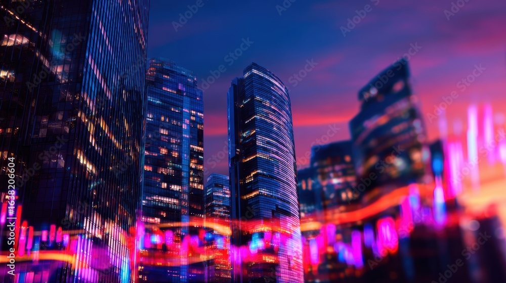 Obraz premium Vibrant city skyline at dusk with illuminated buildings and colorful light trails in the foreground