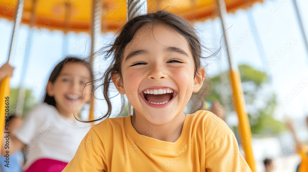 Happy children enjoying a sunny day on a playground carousel, smiling and laughing, capturing the joy of childhood in vibrant colors. Happy children enjoying a sunny day on a playground carousel, smiling and laughing, capturing the joy of childhood in vibrant colors.