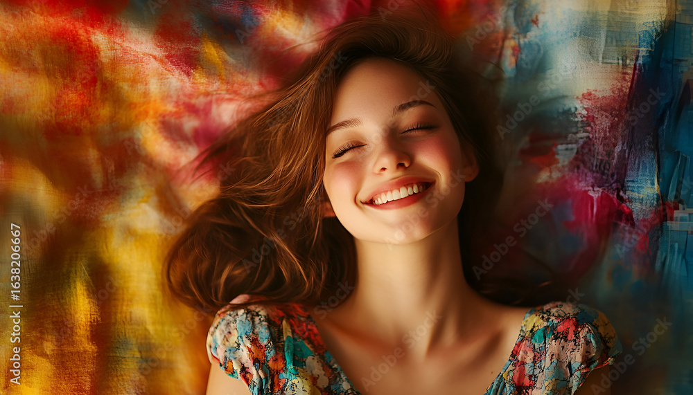 Happy woman lying in grass with warm sunlight on face
