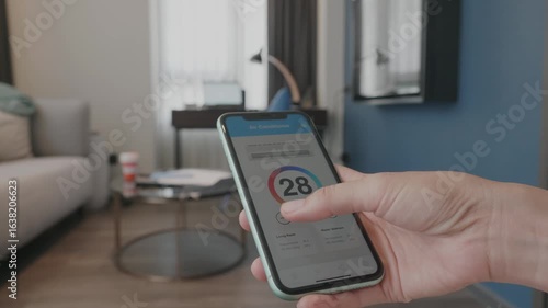 A person checks air quality levels on their smartphone while seated in a cozy living room. The intelligent use of technology promotes awareness of environmental conditions in indoor spaces.
