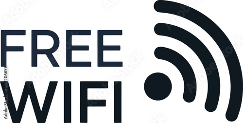 Graphic sign displaying "FREE WIFI" text alongside a stylized wireless signal icon in a simple, modern design.