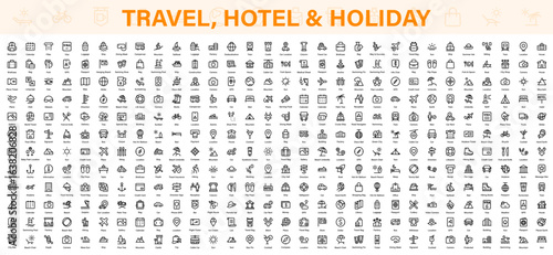 Travel outline icons set. Travel, hotel, holiday, tourism, beach, plane, map, agent and insurance. Booking, reservation, room, airport, accommodation.