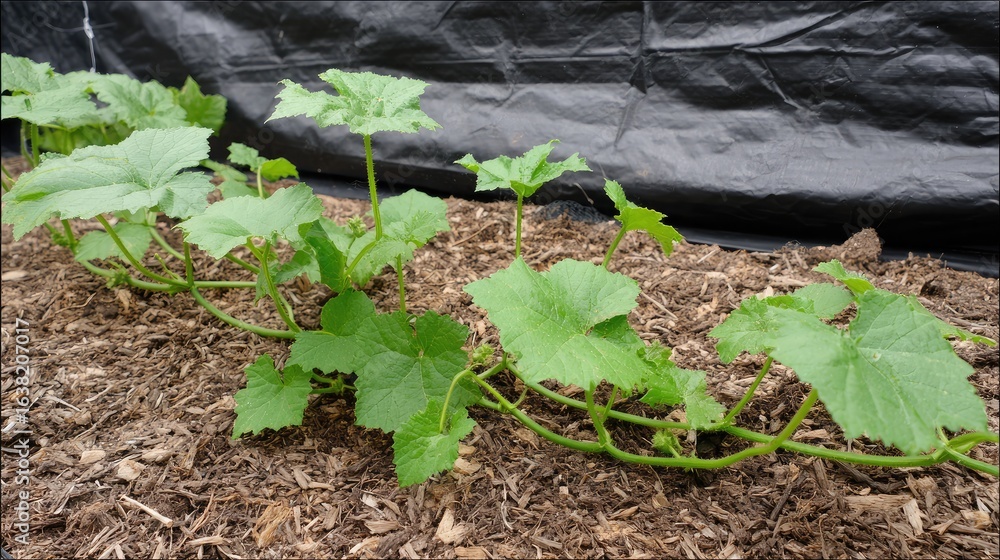 Fototapeta premium Watermelon vine crawling across black tarp mulch in a modern gardening setup