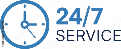 Blue graphic showing a clock with hands and the text "24/7 Service", indicating round-the-clock availability.