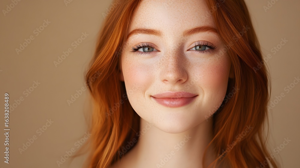 Fototapeta premium Photograph of a woman with red hair and freckles, showcasing a natural expression and subtle makeup.