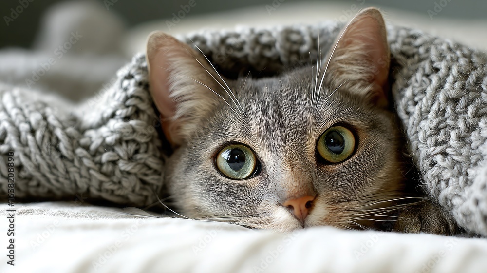 Naklejka premium Cat with wide eyes peeking out from under a cozy knit blanket on a bed