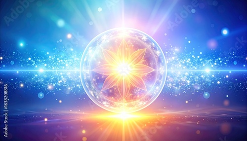 A radiant, glowing orb with a floral design emanating light and energy in a cosmic scene.