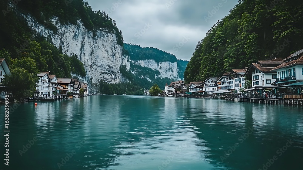 Naklejka premium Scenic lake view framed by mountains and charming lakeside houses