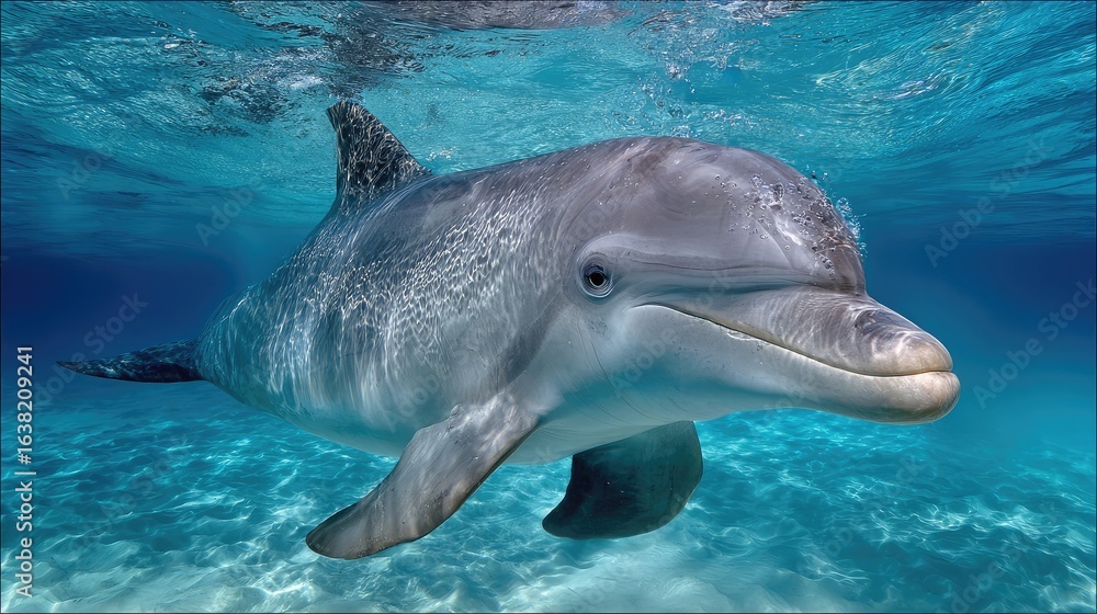 Naklejka premium Crystal clear waters showing a dolphin's full body just beneath the surface