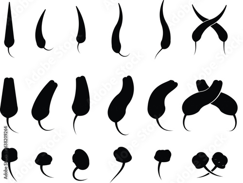 Chili pepper icon set, capsicum collection hot spice vector group, jalapeno silhouette and outline, cayenne symbol bundle, vegetable pictogram pack in flat style for seasoning design isolated