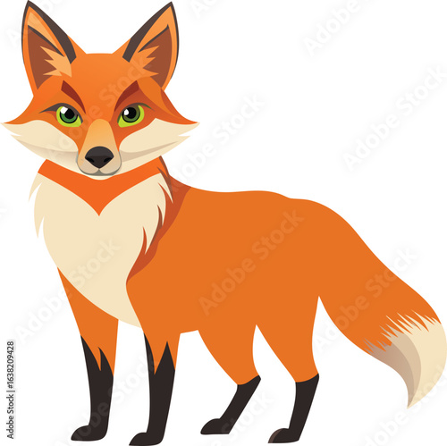 A cute, furry red fox vulpes stands isolated on a white background, a young wild mammal portrait