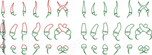 Chili pepper icon set, capsicum collection hot spice vector group, jalapeno silhouette and outline, cayenne symbol bundle, vegetable pictogram pack in line style for seasoning design isolated