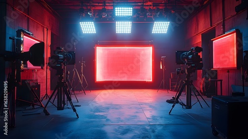 A vibrant and modern film studio is illuminated by bright square panel lighting, showcasing video cameras and a large screen with an immersive red glow effect.
