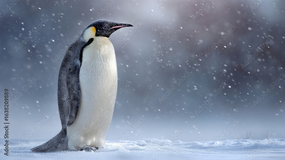 Obraz premium Emperor penguin standing tall on icy terrain with soft snowflakes falling gently in the background