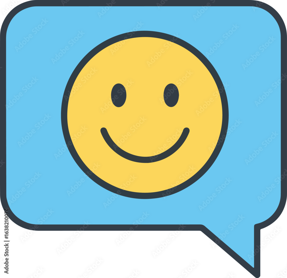 Fototapeta premium Yellow smiley face icon inside a blue speech bubble, conveying positive emotion.