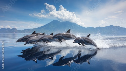 Group of dolphins creating synchronized splashes as they break the surface of a calm sea