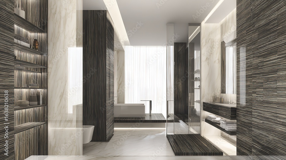 Fototapeta premium Modern bathroom with white marble and dark wood, minimalist elegance in natural light