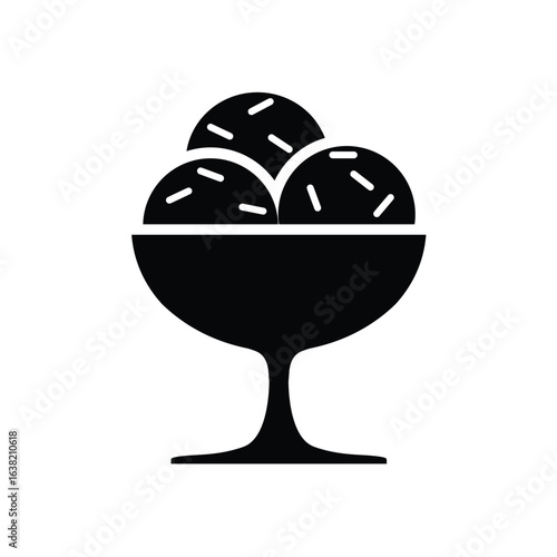 Minimalist black silhouette icon of a glass dessert on white background, ideal for ice cream shop menus, food labels, packaging, web design or app use