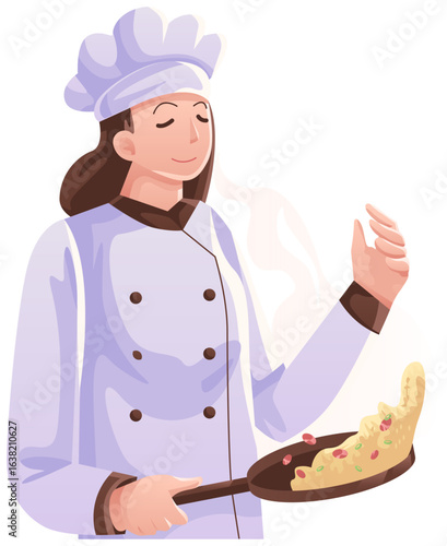female chef holding a pan while smelling the food