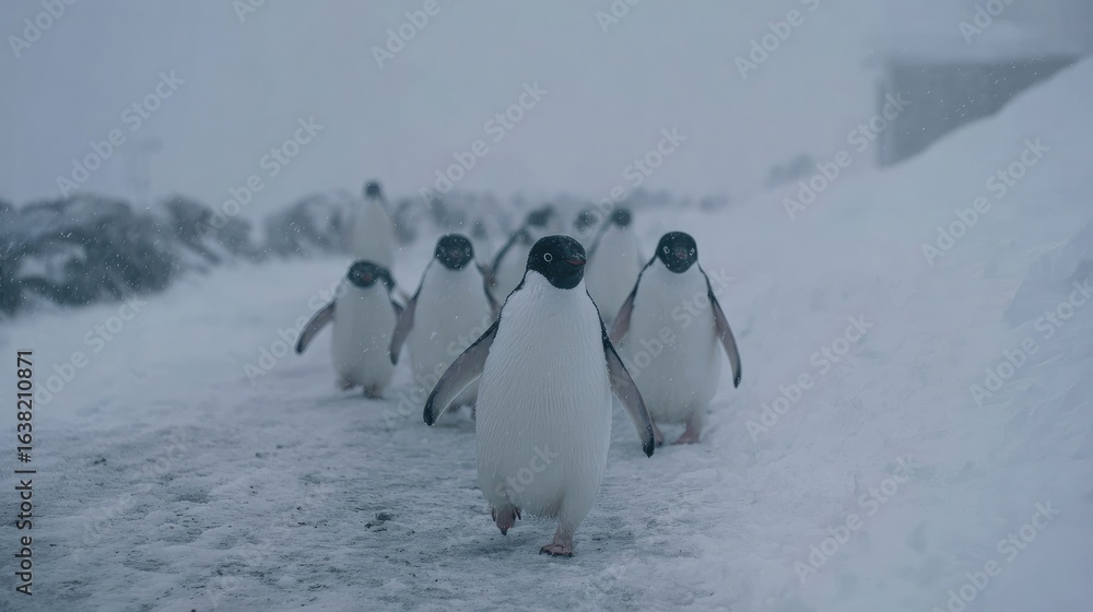 Obraz premium Penguins moving through misty snow under heavy overcast sky