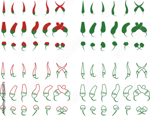 Chili pepper icon set, capsicum collection hot spice vector group, jalapeno silhouette and outline, cayenne symbol bundle, vegetable pictogram pack in flat and line style for seasoning design isolated