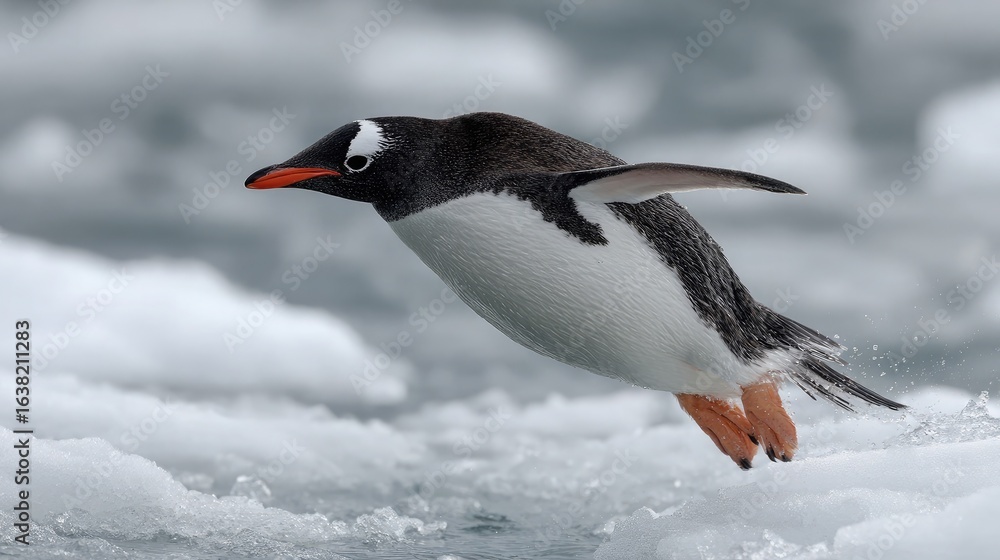 Naklejka premium Penguin diving into icy water, captured mid-air against a backdrop of floating ice