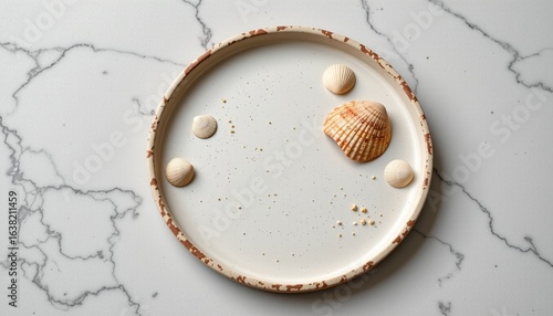 minimalist trinket tray mockup with shells, top view