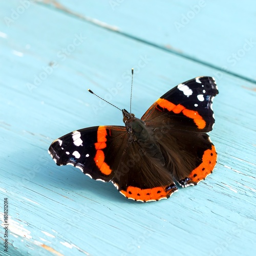 Elegant admiral butterfly resting quietly on a serene light blue wood surface
