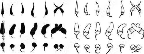 Chili pepper icon set, capsicum collection hot spice vector group, jalapeno silhouette and outline, cayenne symbol bundle, vegetable pictogram pack in flat and line style for seasoning design isolated