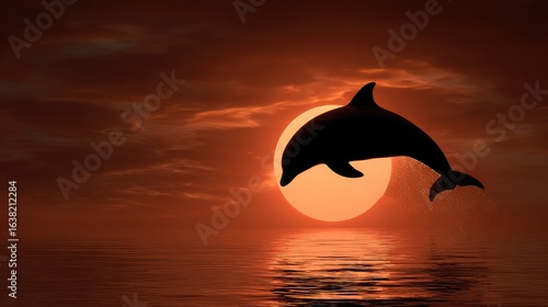 Silhouette of a dolphin jumping against the setting sun over the horizon