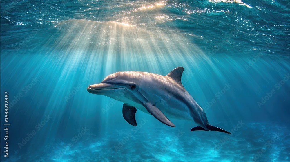 Fototapeta premium View from below of dolphin swimming against rays of sunlight shining from the surface