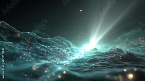 glowing teal particles wave light
