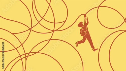 A person climbing a rope, overcoming obstacles and challenges to achieve success in business and career goals