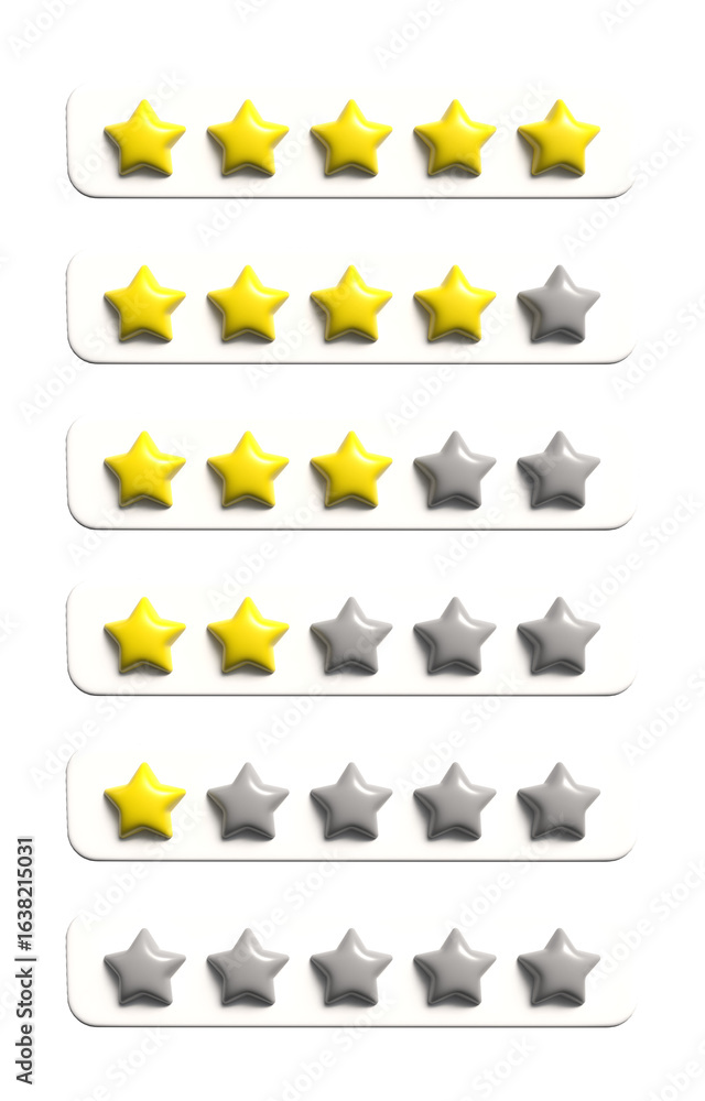 Review Level Stars Complete yellow star rating bars on white panels – full 3D glossy ...