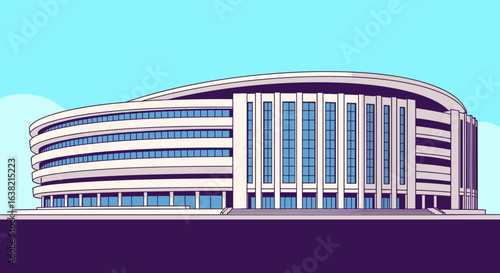 A large modern curved office building with many windows and a grand entrance facing a clear blue sky above