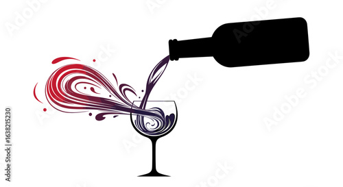 Elegant silhouette bottle pouring red and purple wine into a classic glass with swirling abstract splash effects
