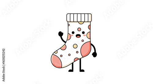 Adorably cute polka dot sock waving hello with a cheerful expression and cute body parts