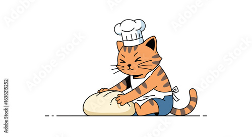 A cute ginger tabby cat wearing a chef hat and apron is enthusiastically kneading a large ball of dough on a white background with a simple illustrated floor line below