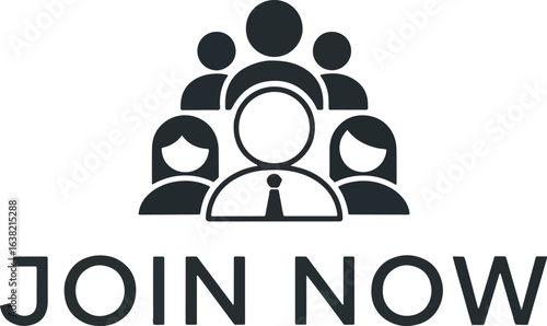 A black graphic icon of a professional team with a leader, featuring the call to action text 'JOIN NOW'.