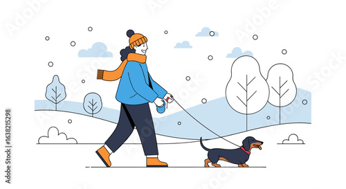 A person walking their dachshund dog through a snowy winter park scenic outdoor activity