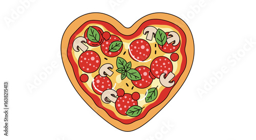 A delicious heart shaped pizza with pepperoni mushrooms and basil for a romantic dinner