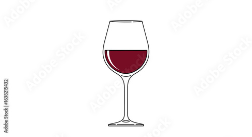 A clear wine glass filled with rich red wine on a white background