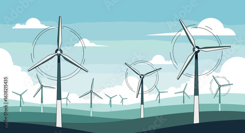 Renewable wind energy generation with large turbines on rolling hills under a cloudy sky
