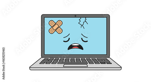 Cute sad laptop character with bandages and cracked screen illustration representing computer problems or technology breakdown
