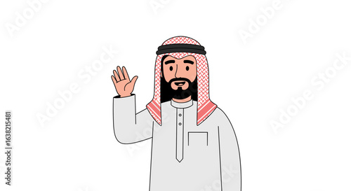 A cheerful arab man wearing traditional clothing waves hello with a friendly gesture